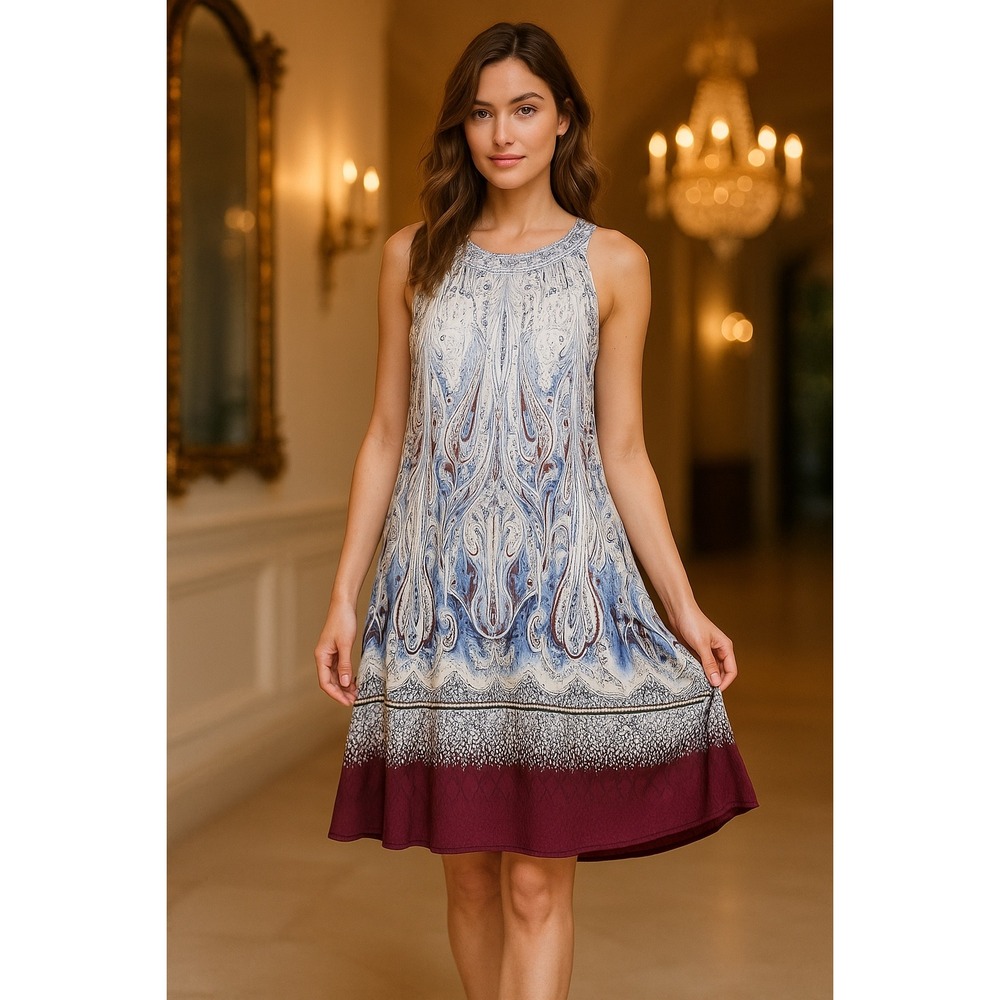 White House Black Market WHBM Beaded Neck Swingy Dress White Maroon Navy Beige